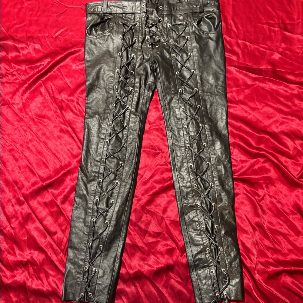 Black Lace-Up Leather Jeans